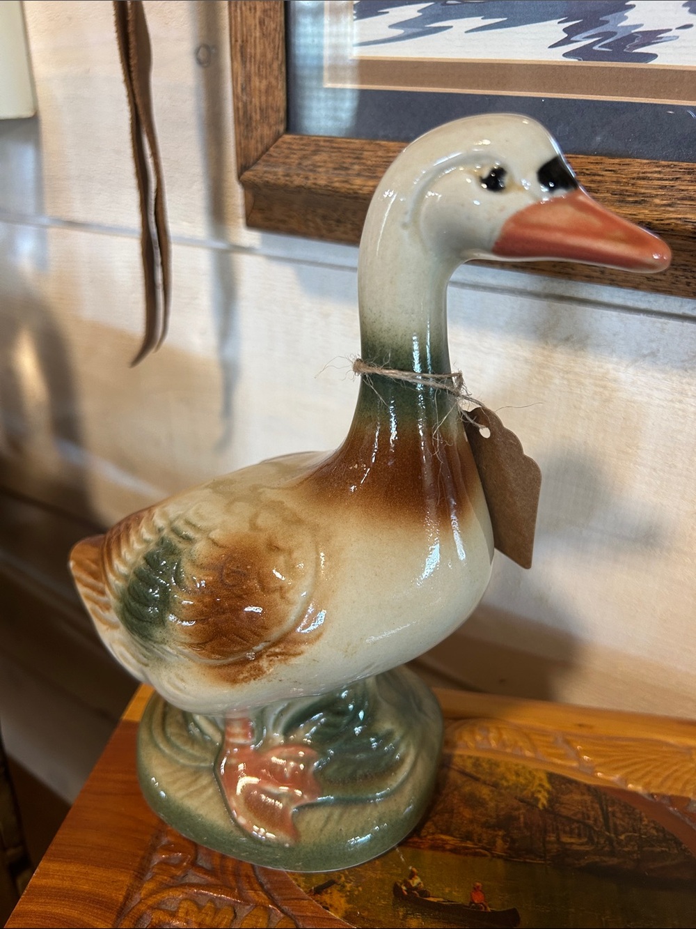 Decorative Ceramic Goose Figurine in Cream, Brown & Green